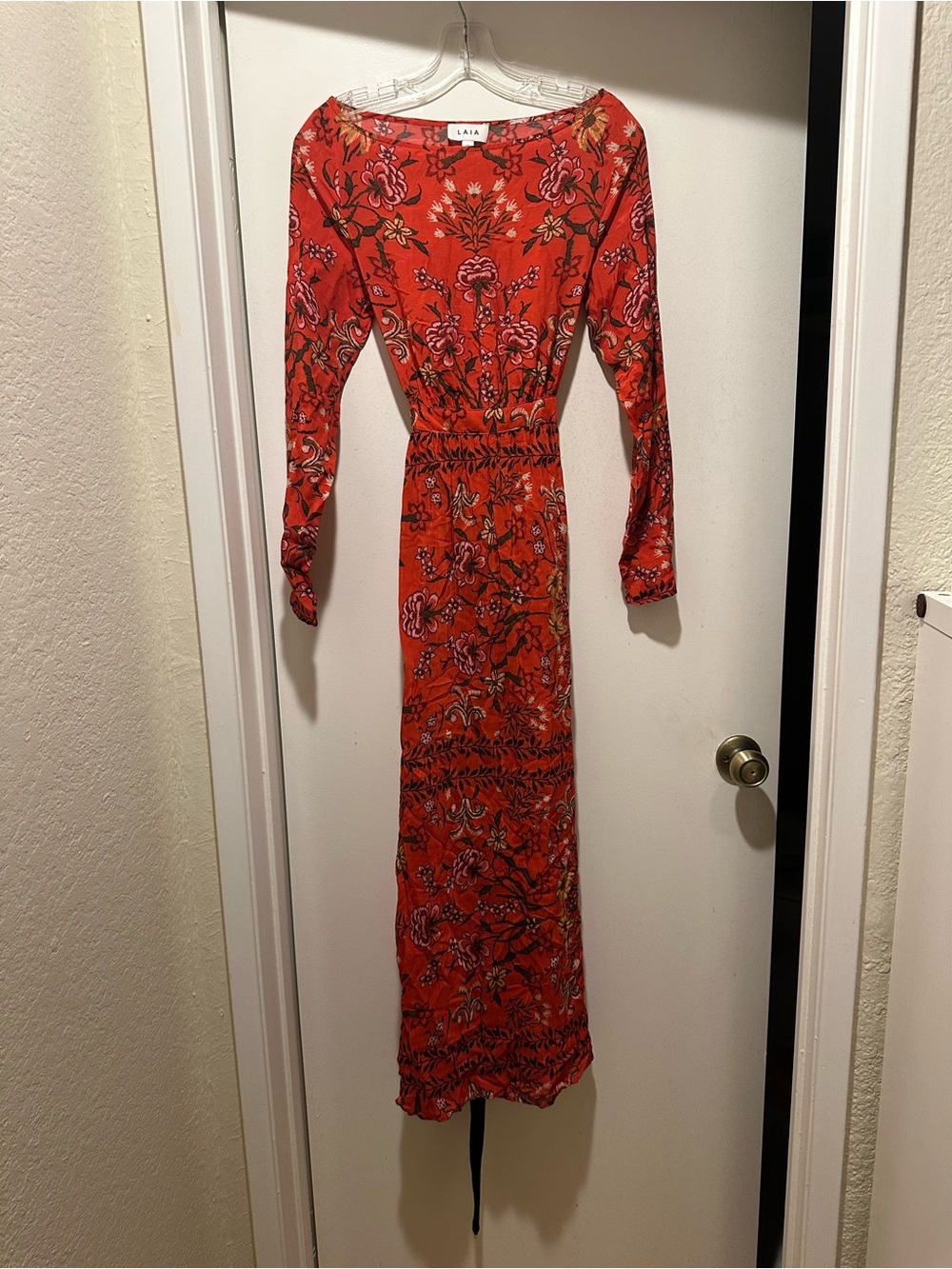 Anthropologie Laia Robert’s Red Floral Maxi Dress w Black Velvet Tie Size XXS